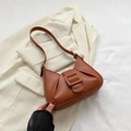 Brown faux leather half-moon baguette bag with elegant pleated texture and gold buckle - Brown
