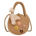 Handmade round straw woven crossbody bag with floral crochet accents and wood charm - Style 2 / Khaki
