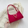 Felt texture magenta shoulder bag with gold square buckle and V-shaped stitching detail - Rose Red