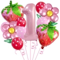 Zoete aardbeien thema 1e verjaardag ballonset met roze cijfer 1 en bloem folieballonnen - Leeftijd Eén Aardbei Kit (Stijl Eén)
