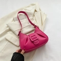 Chic magenta glossy leather baguette bag with large square buckle and pleated side design - Rose Pink