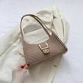 Chic brown quilted crescent shoulder bag with golden buckle for autumn fashion styles - Khaki