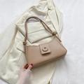 Elegante borsa beige a baguette con fibbia rotonda e tracolla con dettaglio a nodo - Cachi