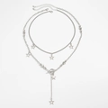 Double-layered silver star necklace with rhinestone pendants and OT buckle design - Necklace White K (06840)