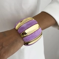 Detail of wide chunky bangle featuring gold metal and lilac marble resin block patterns - Light Blue (0124)