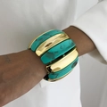 Detail of wide stretch bracelet with polished gold metal and green marbled resin inlay - Cyan Green (0124)