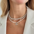 Close-up of elegant double-layered necklace with white beads and silver fishtail pendant - Double-layer Fish Tail Style (06753) / Silver