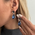 Detail of dark blue geometric crystal drop earrings on model showcasing elegant fit - Silver Blue Irregular (03891)