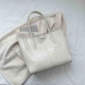 Crocodile embossed cream tote bag with dual handles and spacious interior design - White