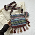 Sac bandoulière tissé style bohème avec glands colorés et porte-monnaie assorti - Bleu Ciel