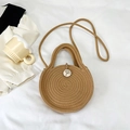 Khaki round woven crossbody bag with wooden button and stylish top handles - Minimalist Wood Tag Style (Style 1) / Khaki