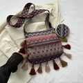 Sac bandoulière bohème tissé avec glands colorés, motifs géométriques et petit porte-monnaie - Rouge