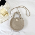 Handmade beige woven round bag with a natural wooden button and crossbody strap - Minimalist Wood Tag Style (Style 1) / Gray