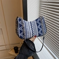 Blue and white geometric pattern handbag with silver chain and leather strap - Blue (Style 1)