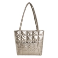 Quilted champagne gold puffer tote bag with square stitching and long double straps - Gold