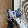 Blue and white ethnic pattern crescent bag with silver chain and light blue strap - Lake Blue (Style 1)