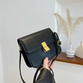 Fashionable black crocodile pattern PU leather crossbody bag with gold buckle lock - Black