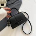Classic black leather-textured crossbody square bag with top handle and golden strap buckle - Black