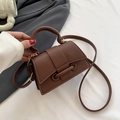 Deep brown litchi textured leather small square crossbody bag with top handle - Brown