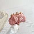 Sac en tweed rose avec grand nœud en soie et poignée circulaire dorée - Rose