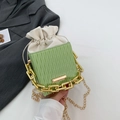 Light green textured bucket bag with golden chain strap and drawstring inner pouch - Green