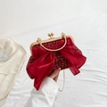 Sac à main élégant en tweed rouge avec grand nœud en satin et chaîne dorée chic - Rouge