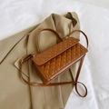 Brown quilted rectangle crossbody bag with gold hardware on a stylish tan blazer - Brown