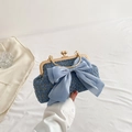 Sac à main chic en tweed bleu avec nœud en satin et fermoir rétro doré pour femme - Bleu
