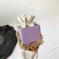 Lavender woven bucket bag with thick gold chain handle and drawstring inner pouch - Purple