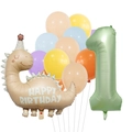 Nahaufnahme von olivgrünem Nummer 1 Ballon und beige Cartoon Dinosaurier zum Geburtstag - Vintage Dinosaurier Set 1 (Nummer 1)