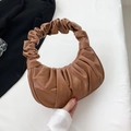 Minimalist brown crescent handbag with ruched pleats in textured PU leather - Brown