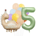 5th Birthday Balloon Set with Macaron Dinosaur and Green Number 5 Foil Decoration - Vintage Dinosaur Set 5 (Number 5)