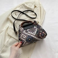 Vintage retro crossbody bucket bag featuring geometric woven patterns and wood handle - Black