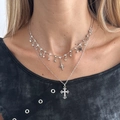 Detail of layered silver star and cross necklace set with rhinestones on model neck - Silver Double Layer Star Cross Rhinestone Style (06842)