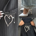 Silver heart pin brooch with baroque pearl charms on blazer and denim jeans - Heart Pearl Style (Silver-00311)
