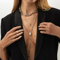 Three-layer silver beaded necklace set featuring teardrop pendant and metallic irregular beads - Layered Religious Medal Style (06836)-Silver