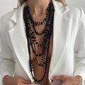 Elegant multi-layer long black faux pearl necklace with gold chain for women - Gold + Black (7498)