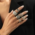 6pcs silver statement ring set with black heart acrylic stone and textured metal designs - Retro Silver 6-Piece Set Style (06844)