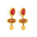 Vintage gold layered earrings with red and brown oval gemstones in a 3-tier dangle style - Antique Gold Red Brown Three-tier Style (3824)