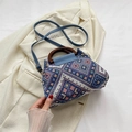 Blue geometric jacquard tote bag with vintage wood handles and leather shoulder strap - Blue