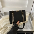 Minimalist black faux crocodile skin shoulder bag with gold chain strap for women - Black