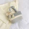 Borsa a secchiello intrecciata grigia e bianca con grande fiocco in pizzo crema - Borsa Singola / Grigio