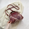 Retro ethnic woven handbag with red geometric patterns and round wooden handles - Red