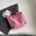 Pink and white checkered knit tote bag with fringe detail and brown leather straps - Rose Pink