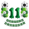Macro view of soccer-themed birthday set with number 11 foil balloon and green bunting - Soccer Theme Age 11