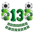 Detailed 13th birthday soccer party set with green number balloons and football banner - Soccer Theme Age 13