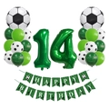 Détail des ballons chiffre 14 verts et kit de décoration pour fête de foot - Thème Football Âge 14