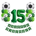 Kit déco 15e anniversaire foot avec ballons chiffre 15 verts et bannière happy birthday - Thème Football Âge 15