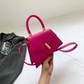 Rose red trapezoidal handbag in smooth leather with gold metal buckle and handle - Rose Red
