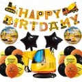 Construction theme birthday party set with banners, excavator and latex balloons - Excavator Style